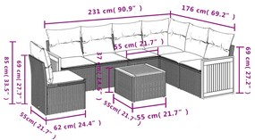 7 pcs conjunto sofás p/ jardim c/ almofadões vime PE cinzento