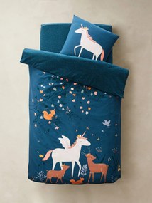 Agora -30%: Conjunto capa de edredon + fronha de almofada para criança, tema Floresta Encantada azul escuro liso com motivo