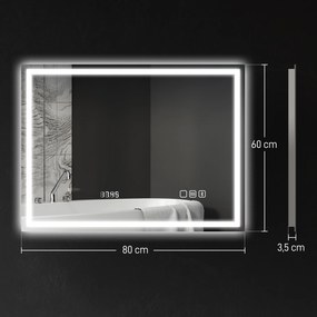 Espelho de casa de banho com LED e Bluetooth, 60 x 80 cm, interruptor tátil, iluminação regulável, 3 cores, antiembaciamento, memória, prateado