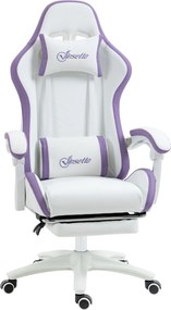 Vinsetto Cadeira Gamer de Couro PU com Altura Ajustável Reclinável 135° e Apoio para os Pés Retrátil 65x65x121-129 cm Branco e Roxo | Aosom Portugal