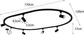 Sistema de iluminação de trilho moderno com 6 focos pretos, monofásico, oval 100cm - Iconic Jeana