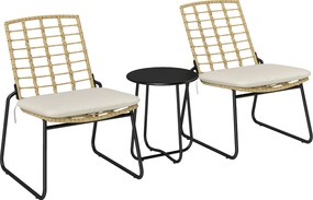 Outsunny Conjunto de móveis de jardim de 3 peças, 2 cadeiras de rattan, 1 mesa com tampo metálico, almofadas, conjunto bistrô, Bege &amp; Castanho | Aosom Portugal
