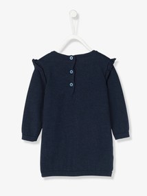 Vestido para bebé em tricot com bordado cão azul-escuro