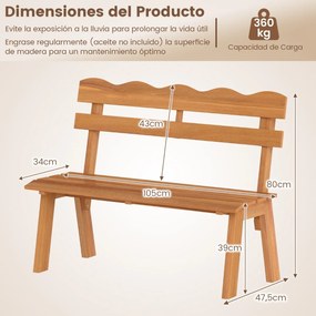 Banco de jardim 47,5 x 105 x 80 cm em madeira de acácia para exterior, 360 kg, 2 pessoas, encosto ondulado, assento com ripas, varanda, alpendre Natur