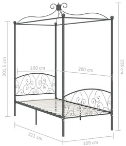 Estrutura de cama com dossel 100x200 cm metal cinzento