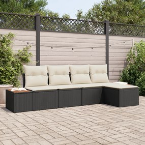 Conjunto de Sofá de Jardim vidaXL 5 Peças com Almofadas Preto Rattan Poliéster Acácia