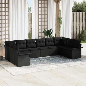 vidaXL Conjunto de Sofá de 10 Peças com Almofadas Preto Vime PE