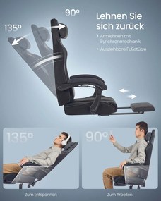 Cadeira ergonómica gaming/escritório com apoio para os pés e almofada de molas Preta