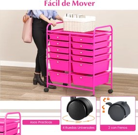Carrinho auxiliar com rodas e 12 gavetas empilháveis 64 x 38 x 75 cm com estrutura metálica para cozinha, escritório e casa de banho Rosa