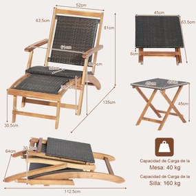 Conjunto de espreguiçadeira com mesa jardim retrátil PE Vime dobrável Móveis externos em madeira de acácia para pátio jardim