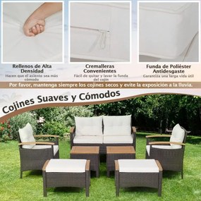 Conjunto de jardim de 7 peças em rattan com almofadas 2 Pufes e 2 mesas Tampo da mesa e apoios de braços Castanho misto e Branco