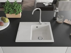 Mexen Ben lava-louça de granito 1-cuba com escorredor, direito 600 x 500 mm, branco, sifão cromado - 6523605000-20