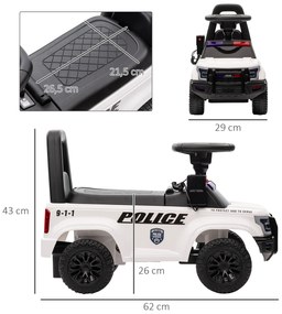 HOMCOM Carro Andador de Policia para Bebé de 18-60 Meses Carro sem Pedais com Buzina Megafone Compartimento de Armazenamento e Encosto Removível 62x29x43cm Branco