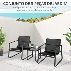 Conjunto de Móveis de Jardim 3 Peças Mesa de Vidro Temperado 43x43x41cm e 2 Cadeiras 62x78x75cm com Apoio para os Braços e Encosto Respirável para Ter