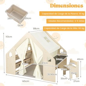 Tenda de brincar para crianças 6 em 1 145 x 98 x 113 cm dos 2 aos 6 anos com quadro de madeira cortinas secretária mesa cadeira estante bege