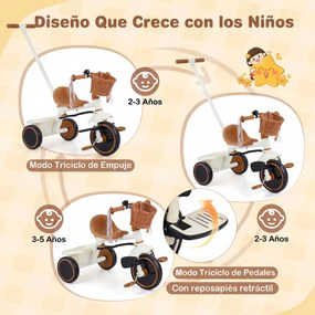 Triciclo Infantil Evolutivo, 94 x 43 x 90-96,5 cm, Pega de Empurrar Regulável em 4 Alturas, Branco