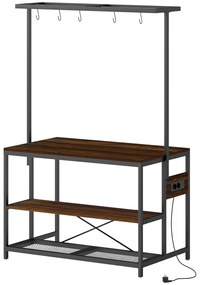 HOMCOM Estante de Cozinha com Tomada de Corrente Estilo Industrial com Prateleiras Ganchos Móvel Auxiliar 116x70x182 cm Marrom Rústico | Aosom Portugal