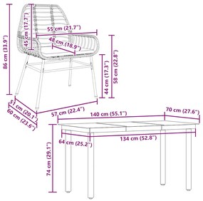 Conjunto jantar jardim 5 peças almofadas vidro vime PE castanho