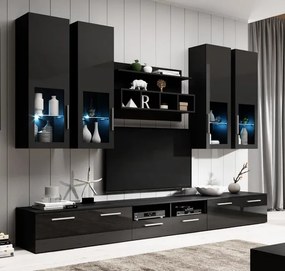 Conjunto de Móveis de Sala Dornelas – 3 m – Preto com LED e Vitrinas e