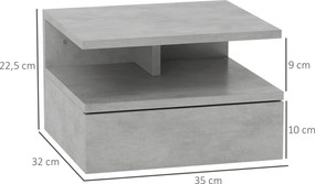 Conjunto de 2 Mesas de Cabeceira Flutuantes com Gaveta e Prateleira Aberta para Sala de Estar, 35x32x22,5 cm Cinzento