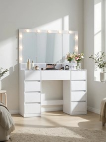 Toucador com iluminação LED 40 x 107 x 144 cm com espelho rebatível e gavetas branco