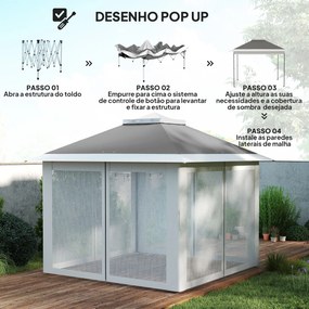 Tenda Dobrável 3,3x3,3 m Pop-up Altura Ajustável Teto Duplo Mosquiteiras Removíveis e Bolsa de Transporte Anti-UV Cinzento