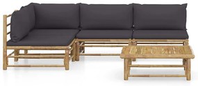 5 pcs conj. lounge jardim em bambu c/ almofadões cinza-escuro