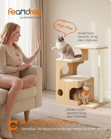 Arranhador Gatos de 88 cm, amarelo amêndoa, com caverna e tapete de sisal amarelo amêndoa