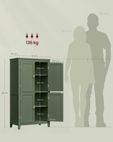 Armário de casa de banho com 4 portas 30 x 60 x 110 cm, branco clássico e verde floresta