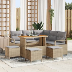 vidaXL Conjunto de Sofá de Jardim de 9 Peças com Almofadas Bege Poliéster Rattan Acácia