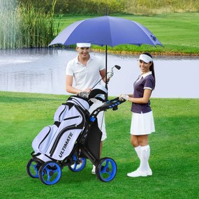 Carrinho de golfe dobrável, leve e de 4 rodas, com saco impermeável e travão de pé, suporte ajustável para guarda-chuva e copo - Azul