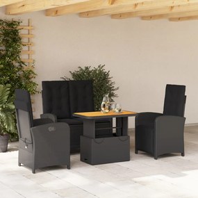 4 pcs conjunto de jardim p/ jardim c/ almofadões vime PE preto