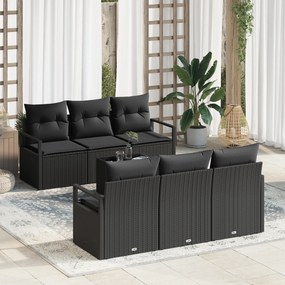 Conjunto de Sofá de Jardim de 7 Peças com Almofadas Preto Vime de Poli