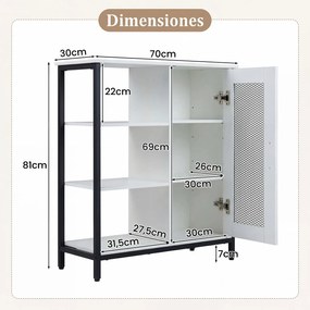 Aparador de Cozinha com Porta de Rede, 70 x 30 x 81 cm, Prateleiras Ajustáveis, Branco