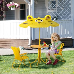 Conjunto de mobiliário de jardim infantil de 4 peças com design de tigre - Mesa redonda + 2 cadeiras dobráveis + guarda-sol amarelo