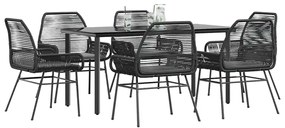 vidaXL Conjunto de jantar jardim 7 peças almofadas vidro vime PE preto