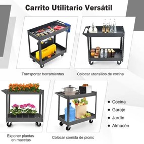 Carrinho multifunções de 2 níveis com pega e estrutura metálica  de dupla camada para uso doméstico Carga 50 kg 85 x 41 x 79 cm Preto