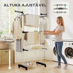 Estendal Dobrável para Roupa com Rodas Estendal Vertical de Aço com 3 Níveis Laterais Dobráveis 73x64x177cm Preto e Branco