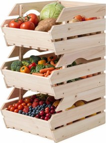 Suporte para cesto de frutas em madeira de abeto com 3 andares removíveis 27 x 37,5 x 60 cm, para frutas e legumes, natural