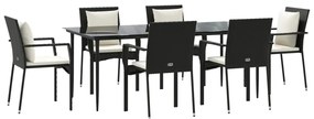 7 pcs conjunto de jantar p/ jardim c/ almofadões vime PE preto