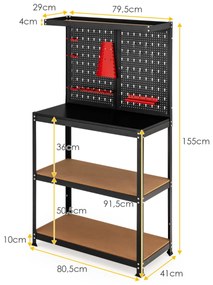 Bancada de trabalho multifuncional para arrumação de ferramentas com quadro de agulhas, 2 Estantes e 13 Acessórios Suspensos Preto