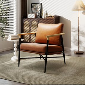 Poltrona de meados do século em couro sintético, com almofada de encosto removível e estrutura metálica, para sala de estar, quarto ou escritório, cor
