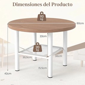 Mesa de Centro Redonda, 60 x 60 x 42 cm, 2 Níveis de Arrumação, Natural+Branco