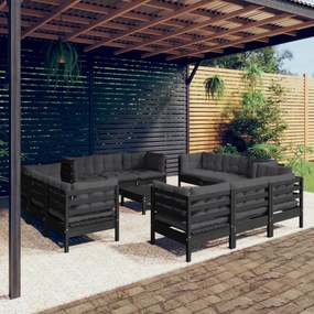 vidaXL 13 pcs conj. lounge de jardim com almofadões antracite pinho