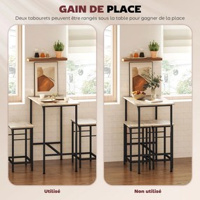 Conjunto de mesa de bar com 2 bancos, estrutura em aço para cozinha, sala de jantar e sala de estar, com efeito de madeira natural