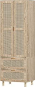 Guarda Roupa de Quarto com 2 Portas e 2 Gavetas, 63 x 47 x 185 cm, Design em Rotim, Madeira Natural
