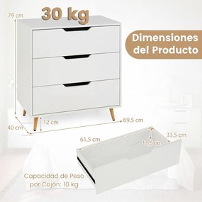 Cómoda de 3 Gavetas, 69,5 x 40 x 79 cm, Pernas Metálicas, Natural+Branco