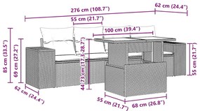 5 pcs conj. sofás jardim c/ almofadões vime PE cinzento-claro