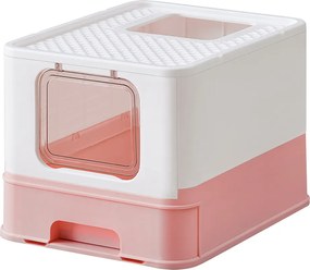 Caixa de areia para gatos com tampa e colher espaçoso branco-rosa pastel