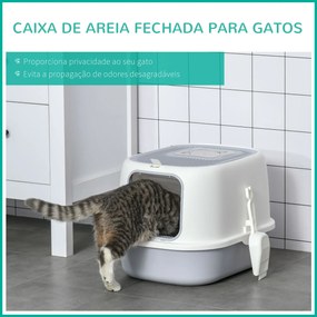PawHut Caixa de Areia para Gatos Caixa de Areia Fechada com Entrada Dianteira Saída Superior Bandeja Removível e Pá 40x53,5x37,5cm Cinza e Bege